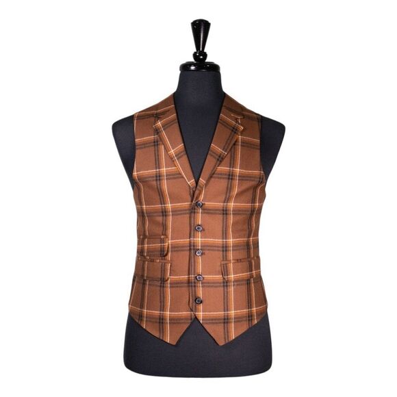 Mens Waistcoat Suit Lapel Vest 40R Brown Orange Plaid Wool Formal Wedding Party - Picture 1 of 9